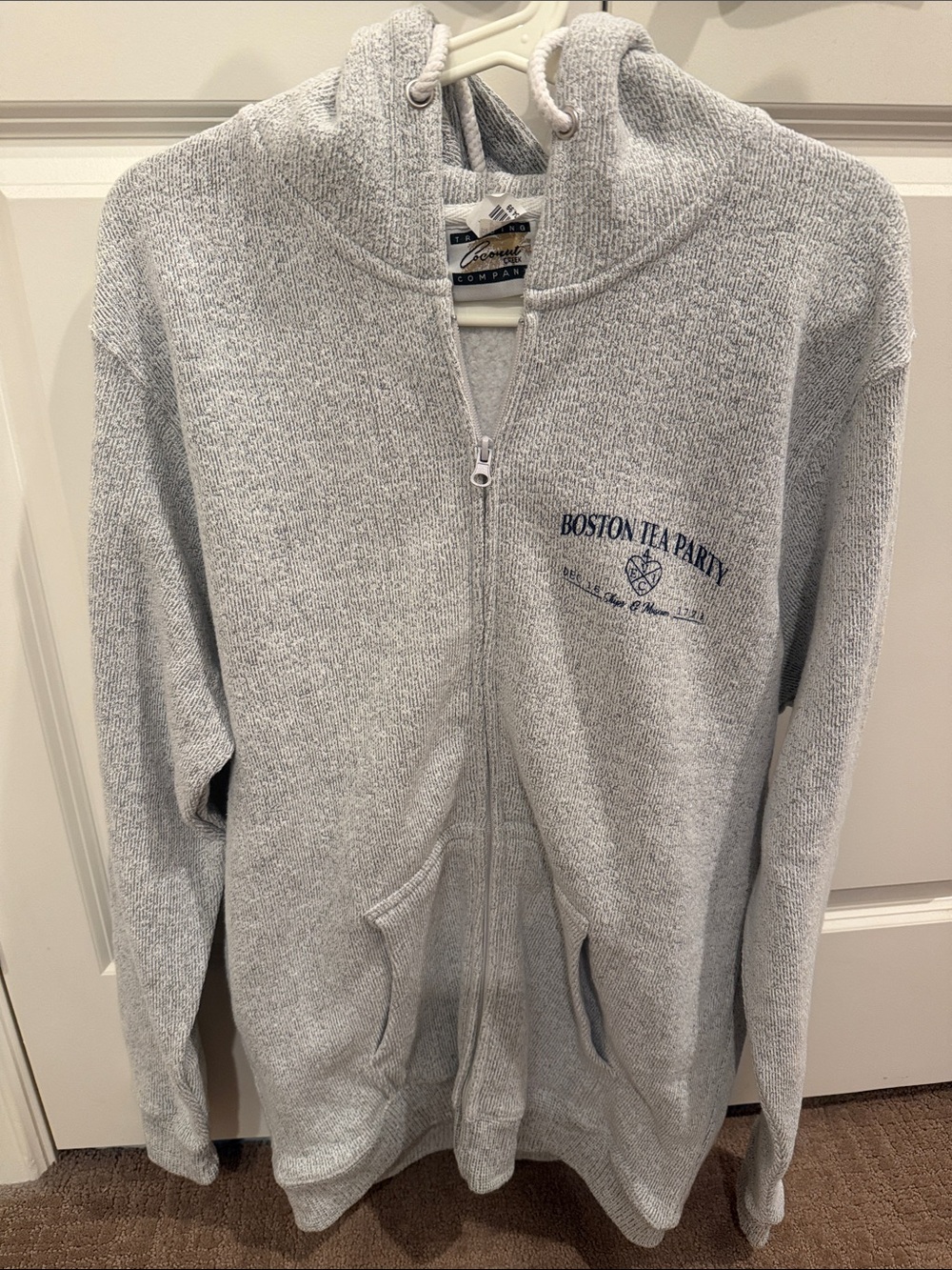 Embroidered Light Gray Zip-Up Hoodie Sweater